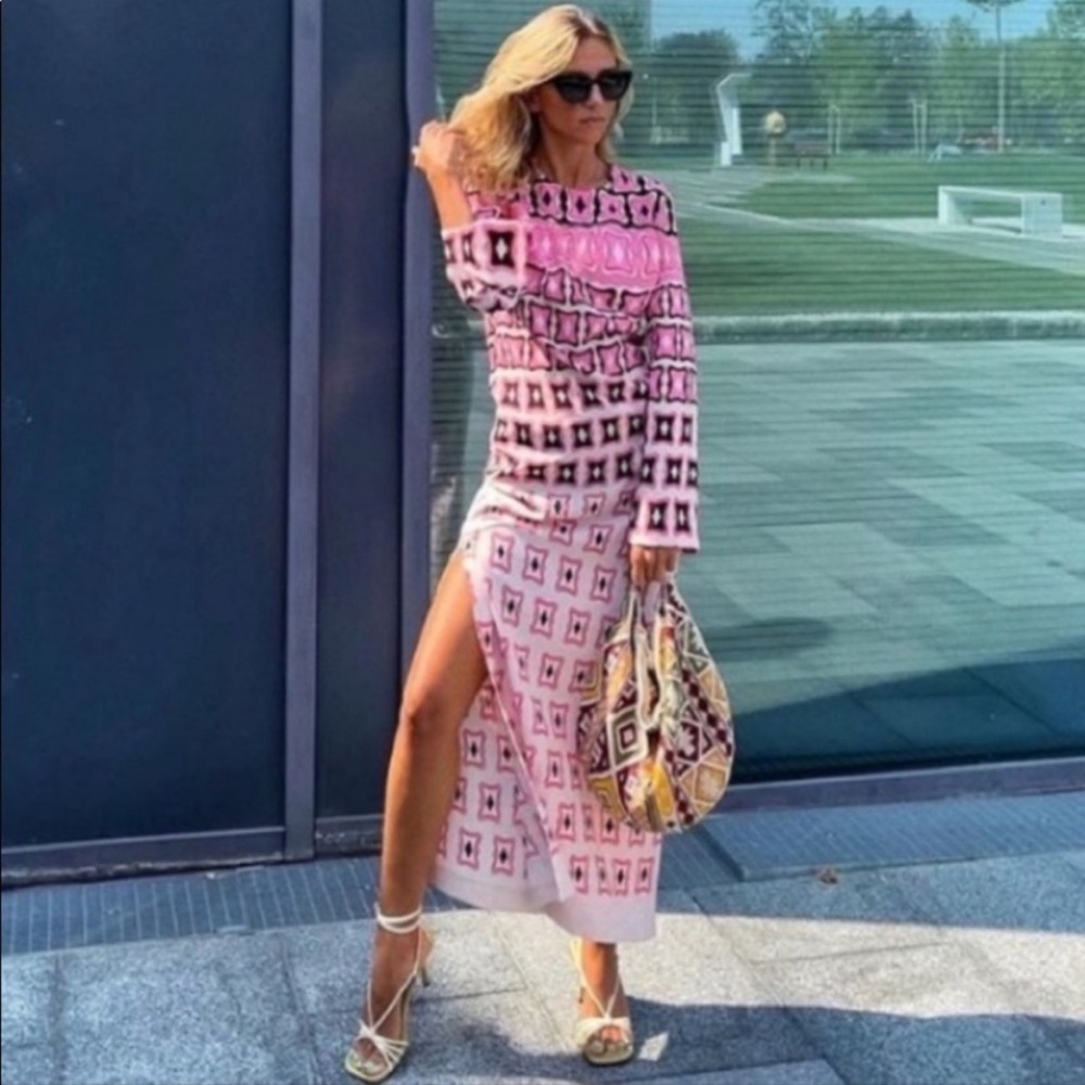 ZARA GEOMETRIC PRINTED MIDI DRESS PINK Small